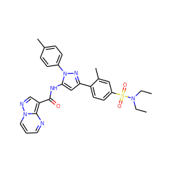 CCN(CC)S(=O)(=O)c1ccc(-c2cc(NC(=O)c3cnn4cccnc34)n(-c3ccc(C)cc3)n2)c(C)c1 ZINC000204748070