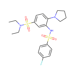 CCN(CC)S(=O)(=O)c1ccc(N2CCCC2)c(NS(=O)(=O)c2ccc(F)cc2)c1 ZINC000008686587