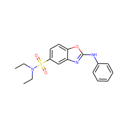 CCN(CC)S(=O)(=O)c1ccc2oc(Nc3ccccc3)nc2c1 ZINC000005656545