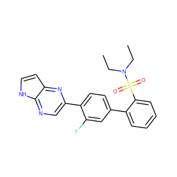CCN(CC)S(=O)(=O)c1ccccc1-c1ccc(-c2cnc3[nH]ccc3n2)c(F)c1 ZINC000224830494