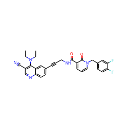 CCN(CC)c1c(C#N)cnc2ccc(C#CCNC(=O)c3cccn(Cc4ccc(F)c(F)c4)c3=O)cc12 ZINC000096176354