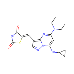 CCN(CC)c1cc(NC2CC2)n2ncc(/C=C3\SC(=O)NC3=O)c2n1 ZINC000117819007