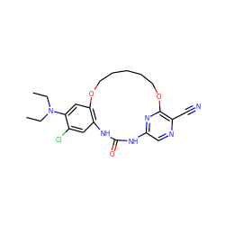 CCN(CC)c1cc2c(cc1Cl)NC(=O)Nc1cnc(C#N)c(n1)OCCCCCO2 ZINC000014958315