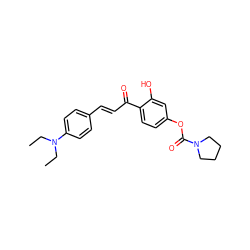 CCN(CC)c1ccc(/C=C/C(=O)c2ccc(OC(=O)N3CCCC3)cc2O)cc1 ZINC001772611034