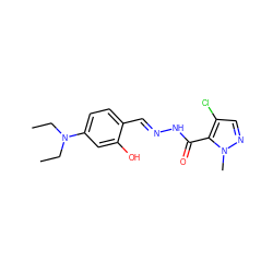 CCN(CC)c1ccc(/C=N/NC(=O)c2c(Cl)cnn2C)c(O)c1 ZINC000001002017