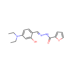 CCN(CC)c1ccc(/C=N/NC(=O)c2ccco2)c(O)c1 ZINC000000381425