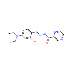 CCN(CC)c1ccc(/C=N/NC(=O)c2cnccn2)c(O)c1 ZINC000000549165