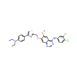 CCN(CC)c1ccc(-c2csc(COc3cc4ncnc(Nc5ccc(Cl)c(Cl)c5)c4cc3OC)n2)cc1 ZINC000115596399