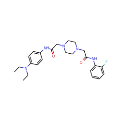 CCN(CC)c1ccc(NC(=O)CN2CCN(CC(=O)Nc3ccccc3F)CC2)cc1 ZINC000020767070