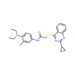 CCN(CC)c1ccc(NC(=O)CSc2nc(C3CC3)nc3ccccc23)cc1C ZINC000001332686