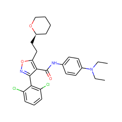 CCN(CC)c1ccc(NC(=O)c2c(-c3c(Cl)cccc3Cl)noc2CC[C@@H]2CCCCO2)cc1 ZINC000028368191