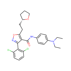 CCN(CC)c1ccc(NC(=O)c2c(-c3c(Cl)cccc3Cl)noc2CC[C@@H]2CCCO2)cc1 ZINC000028378305