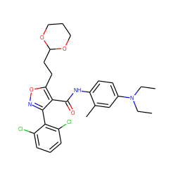 CCN(CC)c1ccc(NC(=O)c2c(-c3c(Cl)cccc3Cl)noc2CCC2OCCCO2)c(C)c1 ZINC000028129870