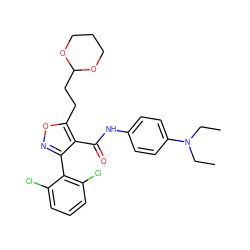 CCN(CC)c1ccc(NC(=O)c2c(-c3c(Cl)cccc3Cl)noc2CCC2OCCCO2)cc1 ZINC000028129121