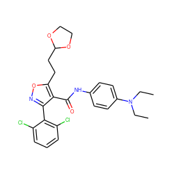 CCN(CC)c1ccc(NC(=O)c2c(-c3c(Cl)cccc3Cl)noc2CCC2OCCO2)cc1 ZINC000028389332