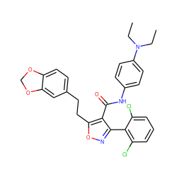 CCN(CC)c1ccc(NC(=O)c2c(-c3c(Cl)cccc3Cl)noc2CCc2ccc3c(c2)OCO3)cc1 ZINC000028368856