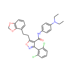 CCN(CC)c1ccc(NC(=O)c2c(-c3c(Cl)cccc3Cl)noc2CCc2cccc3c2OCO3)cc1 ZINC000028375714