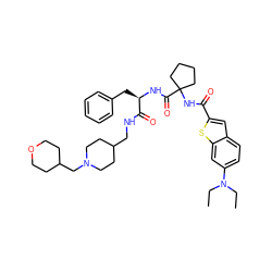 CCN(CC)c1ccc2cc(C(=O)NC3(C(=O)N[C@H](Cc4ccccc4)C(=O)NCC4CCN(CC5CCOCC5)CC4)CCCC3)sc2c1 ZINC000028711709