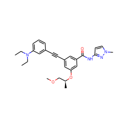 CCN(CC)c1cccc(C#Cc2cc(O[C@@H](C)COC)cc(C(=O)Nc3ccn(C)n3)c2)c1 ZINC000473124804