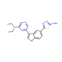 CCN(CC)c1cncc(-c2c[nH]c3ccc(-c4nnc(N)s4)cc23)n1 ZINC000204752278