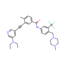 CCN(CC)c1cncc(C#Cc2cc(C(=O)Nc3ccc(CN4CCN(C)CC4)c(C(F)(F)F)c3)ccc2C)c1 ZINC001772618452