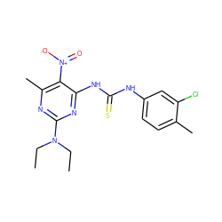 CCN(CC)c1nc(C)c([N+](=O)[O-])c(NC(=S)Nc2ccc(C)c(Cl)c2)n1 ZINC000103168771