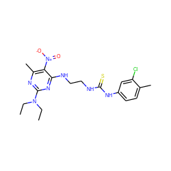 CCN(CC)c1nc(C)c([N+](=O)[O-])c(NCCNC(=S)Nc2ccc(C)c(Cl)c2)n1 ZINC000040943366