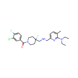 CCN(CC)c1nc(CNCC2(F)CCN(C(=O)c3ccc(F)c(Cl)c3)CC2)ccc1C ZINC000013797311