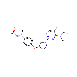 CCN(CC)c1nc(N2CC[C@@H](Oc3ccc([C@H](C)NC(C)=O)cc3)C2)ncc1F ZINC000261184040