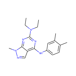 CCN(CC)c1nc(Nc2ccc(C)c(C)c2)c2cnn(C)c2n1 ZINC000021873393