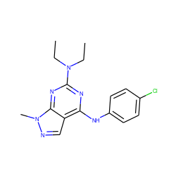 CCN(CC)c1nc(Nc2ccc(Cl)cc2)c2cnn(C)c2n1 ZINC000007448518