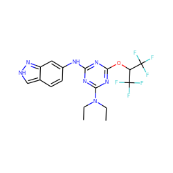 CCN(CC)c1nc(Nc2ccc3c[nH]nc3c2)nc(OC(C(F)(F)F)C(F)(F)F)n1 ZINC001772626398