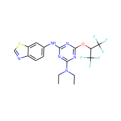 CCN(CC)c1nc(Nc2ccc3ncsc3c2)nc(OC(C(F)(F)F)C(F)(F)F)n1 ZINC001772588168