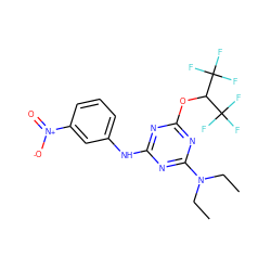 CCN(CC)c1nc(Nc2cccc([N+](=O)[O-])c2)nc(OC(C(F)(F)F)C(F)(F)F)n1 ZINC001772635068