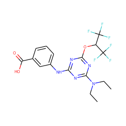 CCN(CC)c1nc(Nc2cccc(C(=O)O)c2)nc(OC(C(F)(F)F)C(F)(F)F)n1 ZINC001772658081