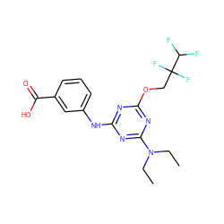 CCN(CC)c1nc(Nc2cccc(C(=O)O)c2)nc(OCC(F)(F)C(F)F)n1 ZINC001772628312