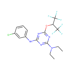 CCN(CC)c1nc(Nc2cccc(Cl)c2)nc(OC(C(F)(F)F)C(F)(F)F)n1 ZINC001772653806