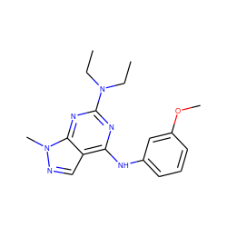 CCN(CC)c1nc(Nc2cccc(OC)c2)c2cnn(C)c2n1 ZINC000021530288