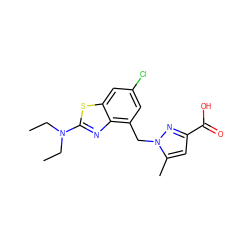 CCN(CC)c1nc2c(Cn3nc(C(=O)O)cc3C)cc(Cl)cc2s1 ZINC000208112090