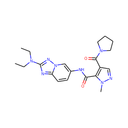 CCN(CC)c1nc2ccc(NC(=O)c3c(C(=O)N4CCCC4)cnn3C)cn2n1 ZINC000205064320