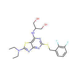 CCN(CC)c1nc2nc(SCc3cccc(F)c3F)nc(NC(CO)CO)c2s1 ZINC000028820797