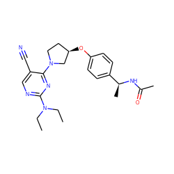 CCN(CC)c1ncc(C#N)c(N2CC[C@@H](Oc3ccc([C@H](C)NC(C)=O)cc3)C2)n1 ZINC000261157130