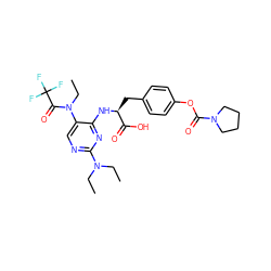 CCN(CC)c1ncc(N(CC)C(=O)C(F)(F)F)c(N[C@@H](Cc2ccc(OC(=O)N3CCCC3)cc2)C(=O)O)n1 ZINC000060152395