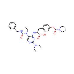 CCN(CC)c1ncc(N(CC)C(=O)NCc2ccccc2)c(N[C@@H](Cc2ccc(OC(=O)N3CCCC3)cc2)C(=O)O)n1 ZINC000096273510