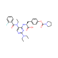 CCN(CC)c1ncc(N(CC)C(=O)c2ccccc2F)c(N[C@@H](Cc2ccc(OC(=O)N3CCCC3)cc2)C(=O)O)n1 ZINC000096273522