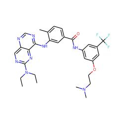 CCN(CC)c1ncc2ncnc(Nc3cc(C(=O)Nc4cc(OCCN(C)C)cc(C(F)(F)F)c4)ccc3C)c2n1 ZINC000148165791
