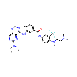 CCN(CC)c1ncc2ncnc(Nc3cc(C(=O)Nc4ccc(N(C)CCN(C)C)c(C(F)(F)F)c4)ccc3C)c2n1 ZINC000148156630