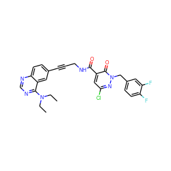 CCN(CC)c1ncnc2ccc(C#CCNC(=O)c3cc(Cl)nn(Cc4ccc(F)c(F)c4)c3=O)cc12 ZINC000096176300