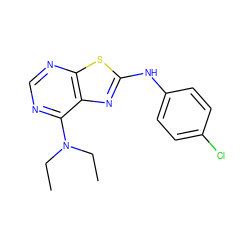 CCN(CC)c1ncnc2sc(Nc3ccc(Cl)cc3)nc12 ZINC000103287387