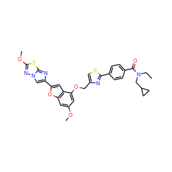 CCN(CC1CC1)C(=O)c1ccc(-c2nc(COc3cc(OC)cc4oc(-c5cn6nc(OC)sc6n5)cc34)cs2)cc1 ZINC000653663956